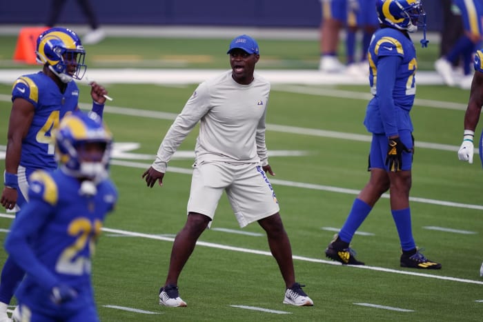 Aug 22, 2020; Inglewood California, USA; Los Angeles Rams safety coach Ejiro Evero during a scrimmage at SoFi Stadium. Mandatory Credit: Kirby Lee-USA TODAY Sports